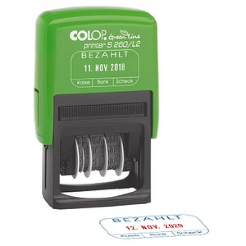 COLOP Datumstempel mit Text "Bezahlt" Green Line Printer 260/L selbstfärbend blau rot