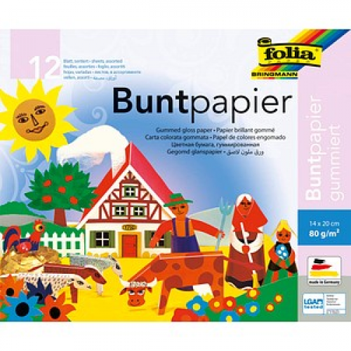 folia Buntpapier gummiert farbsortiert 80 g/qm 12 Blatt