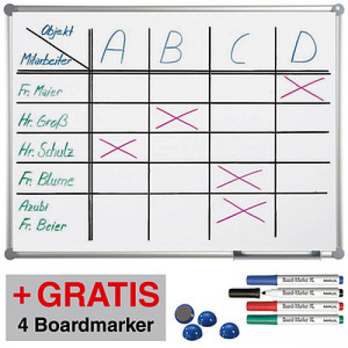 AKTION: MAUL Whiteboard 2000 MAULpro 90,0 x 60,0 cm weiß spezialbeschichteter Stahl + GRATIS 4 Boardmarker farbsortiert und 4 Kugelmagnete blau