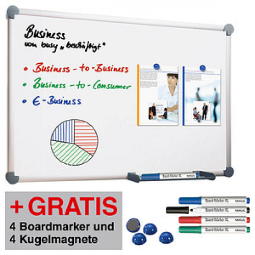 AKTION: MAUL Whiteboard 2000 MAULpro 90,0 x 60,0 cm weiß emaillierter Stahl + GRATIS 4 Boardmarker farbsortiert und 4 Kugelmagnete blau