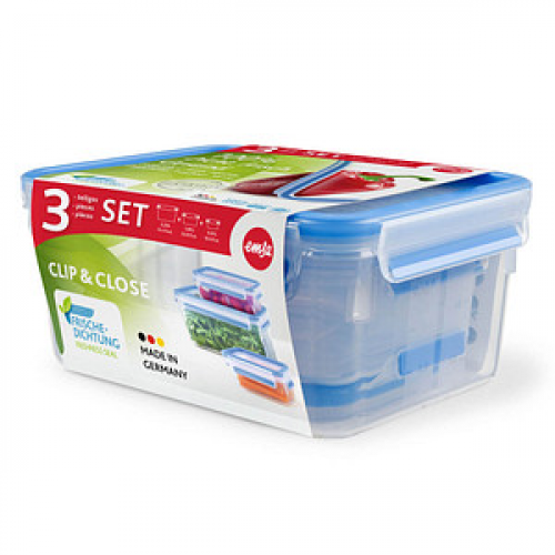 emsa Frischhaltedosen-Set CLIP & CLOSE 5,8/7,2/9,9 cm hoch transparent, blau 0,55/1,0/2,2 l, 1 Set