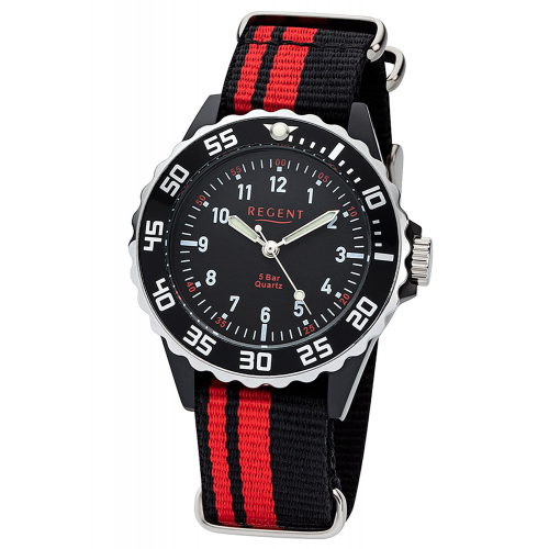 Regent F-1124 Kinderuhr 5 Bar Wasserdicht Schwarz/Rot Ø 36 mm