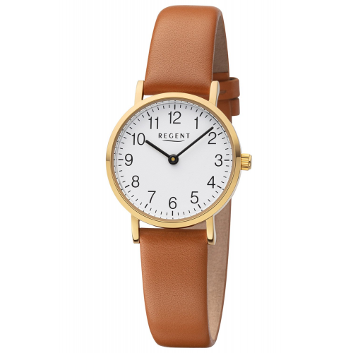 Regent F-1304 Damen-Armbanduhr Goldfarben mit Lederband Braun