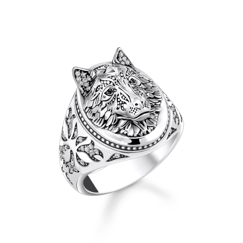 Thomas Sabo TR2452-643-21 Siegelring Wolf mit Steinen Silber geschwärzt