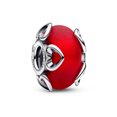 Pandora 792497C01 Silber Charm Mattiertes Rotes Muranoglas & Herzen