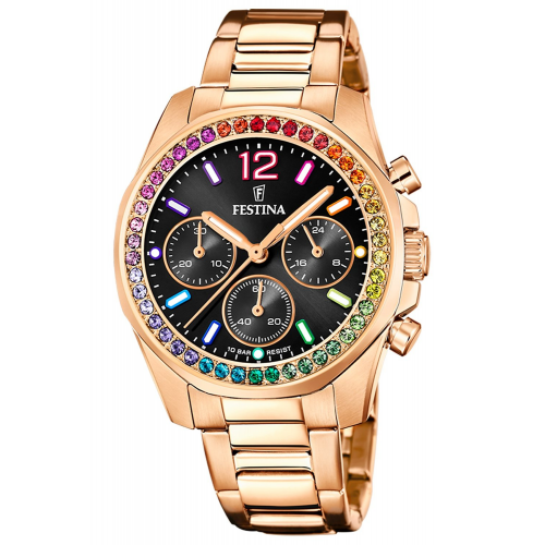 Festina F20639/3 Damenuhr Chronograph Roségoldfarben/Regenbogen