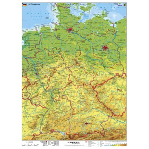 Heinrich Stiefel - Deutschland, physisch 1 : 1 100 000. Wandkarte Kleinformat ohne Metallstäbe
