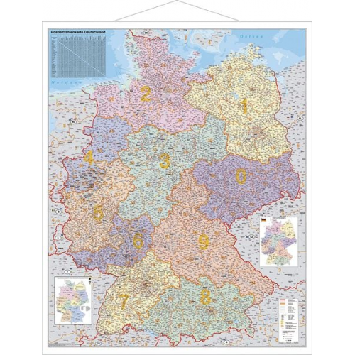 Heinrich Stiefel - Postleitzahlen-Karte Deutschland 1 : 750 000. Wandkarte Grossformat mit Metallstäben