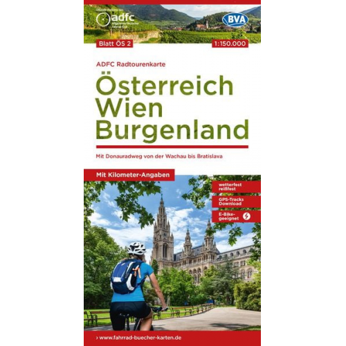 ADFC-Radtourenkarte ÖS2 Österreich Wien Burgenland 1:150:000, reiß- und wetterfest, E-Bike geeignet, GPS-Tracks Download, mit Bett+Bike Symbolen, mit