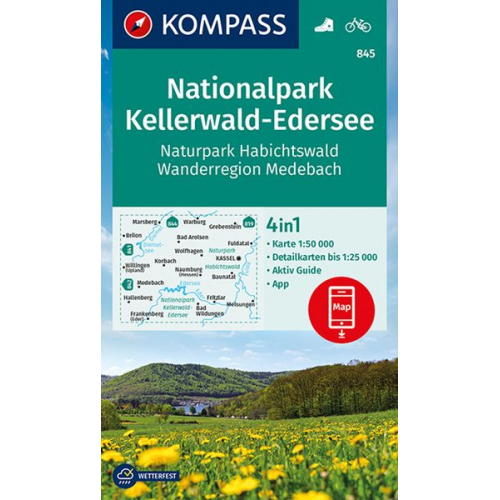 KOMPASS Wanderkarte 845 Nationalpark Kellerwald-Edersee, Naturpark Habichtswald, Wanderregion Medebach 1:50.000