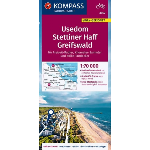 KOMPASS Fahrradkarte 3349 Usedom, Stettiner Haff, Greifswald 1:70.000