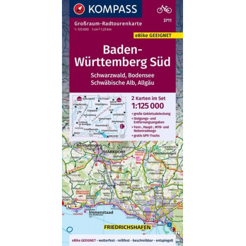 KOMPASS Großraum-Radtourenkarte 3711 Baden-Württemberg Süd, Schwarzwald, Bodensee, Schwäbische Alb, Allgäu 1:125.000