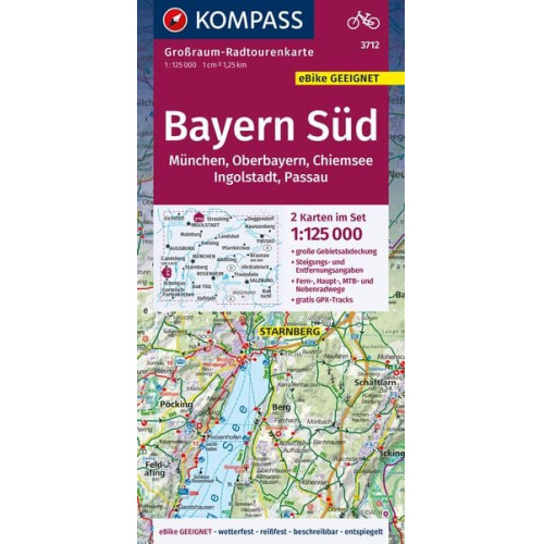 KOMPASS Großraum-Radtourenkarte 3712 Bayern Süd, Oberbayern, Chiemsee, Ingolstadt, Passau, München 1:125.000