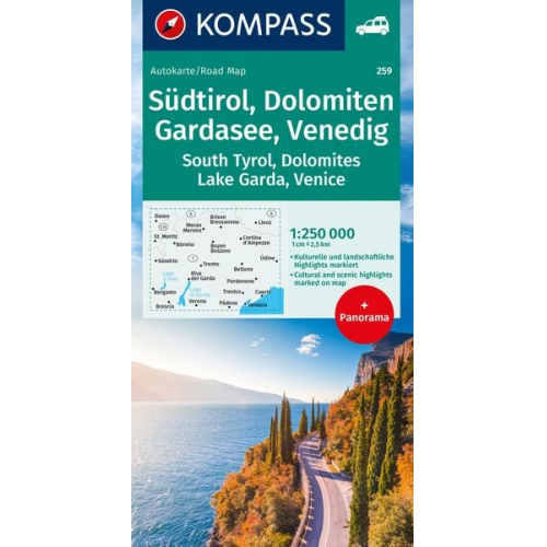 KOMPASS Autokarte Südtirol, Dolomiten, Gardasee, Venedig 1:250.000