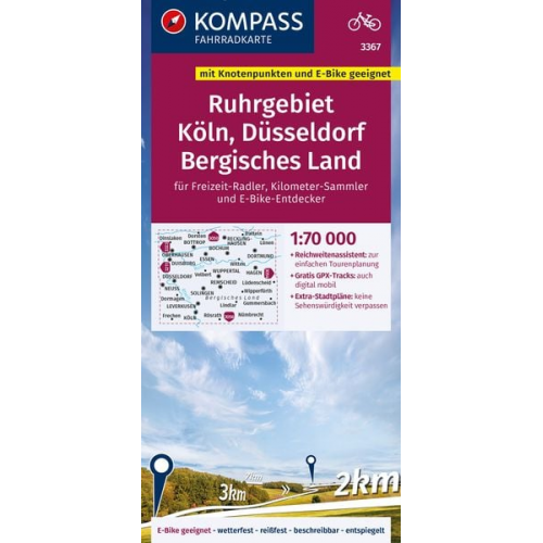 KOMPASS Fahrradkarte 3367 Ruhrgebiet, Köln, Düsseldorf, Bergisches Land mit Knotenpunkten 1:70.000