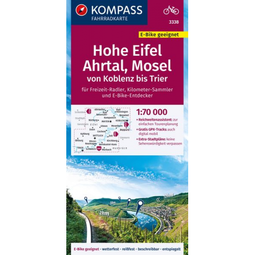 KOMPASS Fahrradkarte 3338 Hohe Eifel, Ahrtal, Mosel, von Koblenz bis Trier 1:70.000