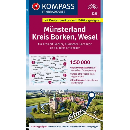 KOMPASS Fahrradkarte 3216 Münsterland, Kreis Borken, Wesel mit Knotenpunkten 1:50.000