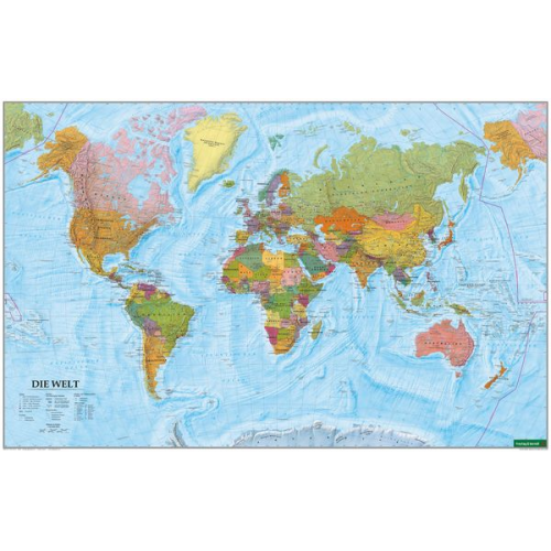 Wandkarte: Die Welt, Poster 1:35.000.000, Metallbestäbt in Rolle