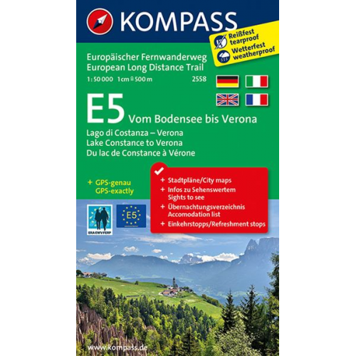 KOMPASS Wander-Tourenkarte Europäischer Fernwanderweg E5 Vom Bodensee bis Verona 1:50.000