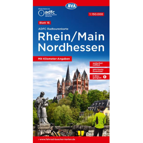 ADFC-Radtourenkarte 16 Rhein/Main Nordhessen 1:150.000, reiß- und wetterfest, E-Bike geeignet, GPS-Tracks Download, mit Kilometer-Angaben