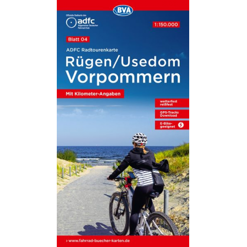 ADFC-Radtourenkarte 4 Rügen/Usedom Vorpommern 1:150.000, reiß- und wetterfest, E-Bike geeignet, GPS-Tracks Download, mit Kilometer-Angaben