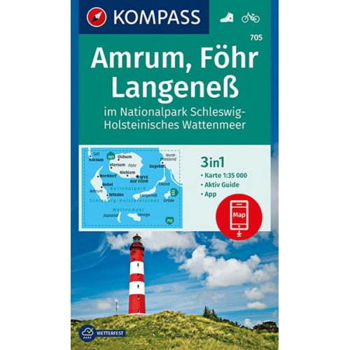 KOMPASS Wanderkarte 705 Amrum, Föhr, Langeneß im Nationalpark Schleswig-Holsteinisches Wattenmeer 1:35.000