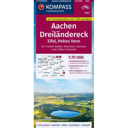 KOMPASS Fahrradkarte 3324 Aachen, Dreiländereck, Eifel, Hohes Venn mit Knotenpunkten 1:70.000