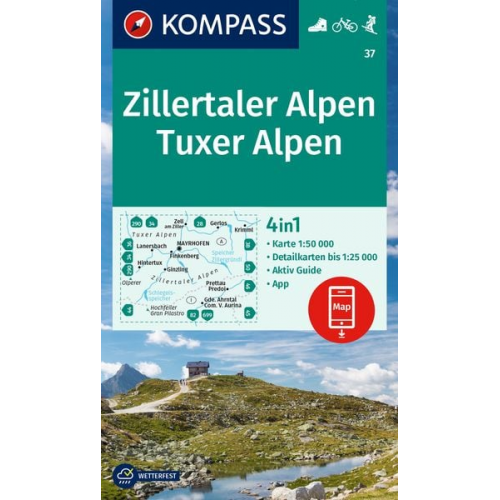 KOMPASS Wanderkarte 37 Zillertaler Alpen, Tuxer Alpen 1:50.000
