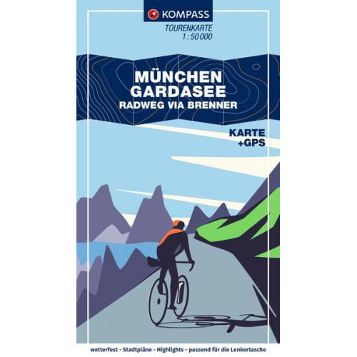 KOMPASS Fahrrad-Tourenkarte München – Gardasee, Radweg via Brenner 1:50.000