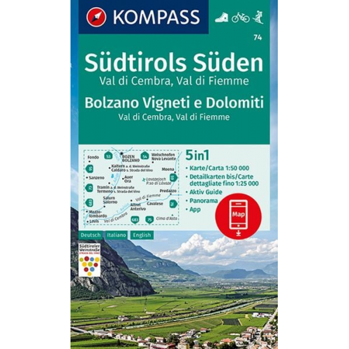 KOMPASS Wanderkarte 74 Südtirols Süden - Bolzano Vigneti e Dolomiti - Val di Cembra - Val di Fiemme 1:50.000