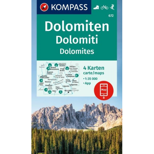 KOMPASS Wanderkarten-Set 672 Dolomiten, Dolomiti, Dolomites (4 Karten) 1:35.000