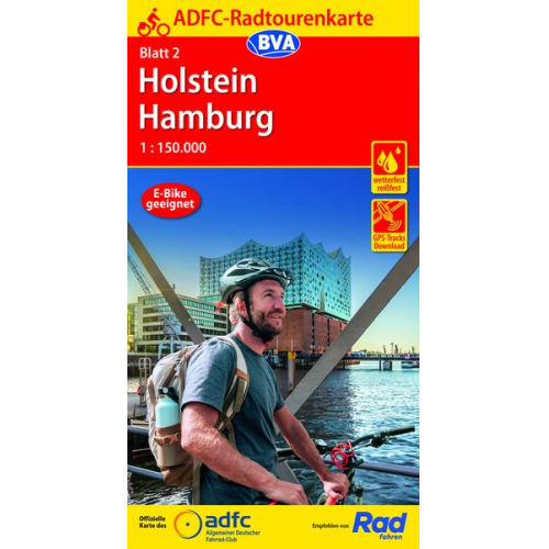 ADFC-Radtourenkarte 2 Holstein Hamburg 1:150.000, reiß- und wetterfest, E-Bike geeignet, GPS-Tracks Download