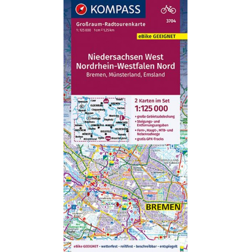 KOMPASS Großraum-Radtourenkarte 3704 Niedersachsen West, Nordrhein-Westfalen Nord 1:125.000