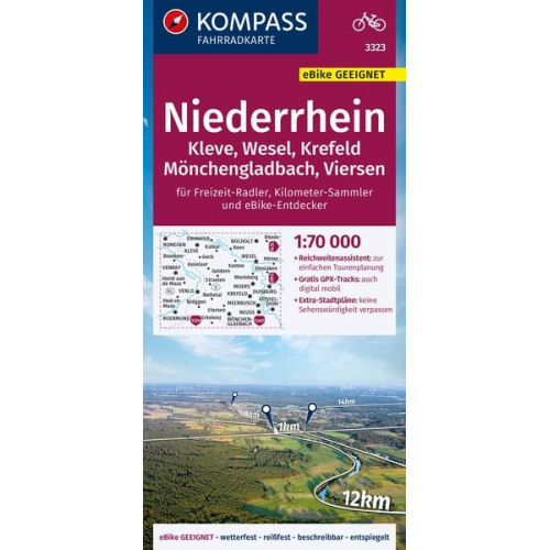 KOMPASS Fahrradkarte 3323 Niederrhein, Kleve, Wesel, Krefeld, Mönchengladbach, Viersen mit Knotenpunkten 1:70.000