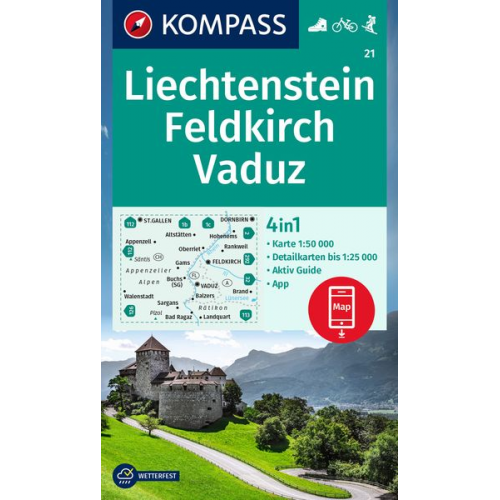 KOMPASS Wanderkarte 21 Liechtenstein, Feldkirch, Vaduz 1:50.000