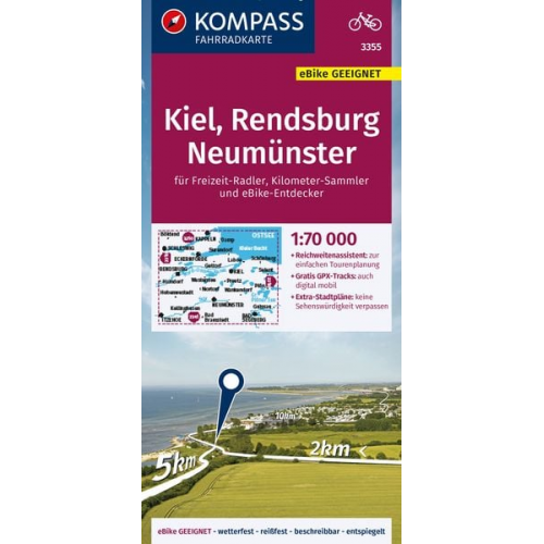 KOMPASS Fahrradkarte 3355 Kiel, Rendsburg, Neumünster 1:70.000