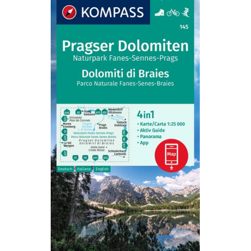 KOMPASS Wanderkarte 145 Pragser Dolomiten, Naturpark Fanes-Sennes-Prags, Dolomiti di Braies, Parco Naturale Fanes-Senes-Braies 1:25.000