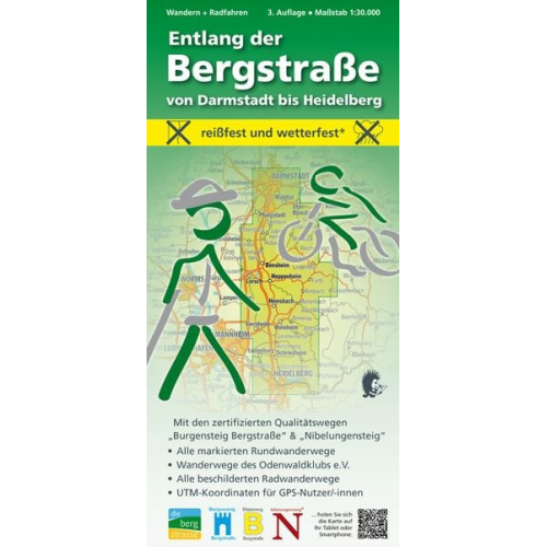 Michael Messer - Wandern + Radfahren, Entlang der Bergstraße von Darmstadt bis Heidelberg 1:30.000