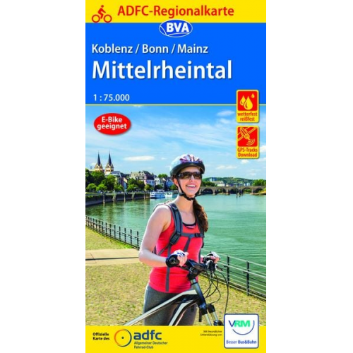 ADFC-Regionalkarte Koblenz/Bonn/Mainz Mittelrheintal, 1:75.000, mit Tagestourenvorschlägen, reiß- und wetterfest, E-Bike-geeignet, GPS-Tracks-Download