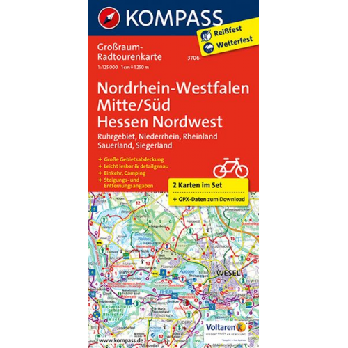 KOMPASS Großraum-Radtourenkarte 3706 Nordrhein-Westfalen Mitte/Süd, Hessen Nordwest 1:125.000