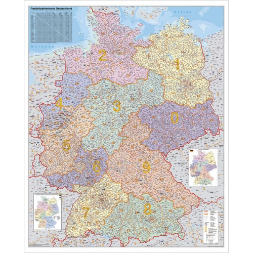 Heinrich Stiefel - Deutschland Postleitzahlenkarte Kleinformat. Wandkarte ohne Metallstäbe
