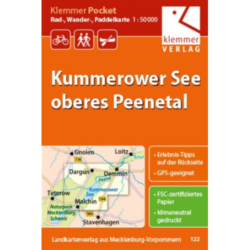 Klemmer Pocket Rad-, Wander- und Paddelkarte Kummerower See - oberes Peenetal