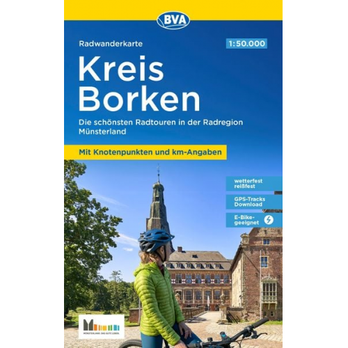 Radwanderkarte BVA Kreis Borken mit Knotenpunkten und km-Angaben, 1:50.000, reiß- und wetterfest, GPS-Tracks Download, E-Bike-geeignet