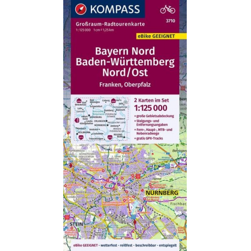 KOMPASS Großraum-Radtourenkarte 3710 Bayern Nord, Baden-Württemberg Nord/Ost 1:125.000