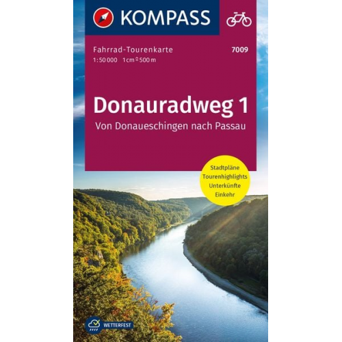 KOMPASS Fahrrad-Tourenkarte Donauradweg 1, von Donaueschingen nach Passau 1:50.000