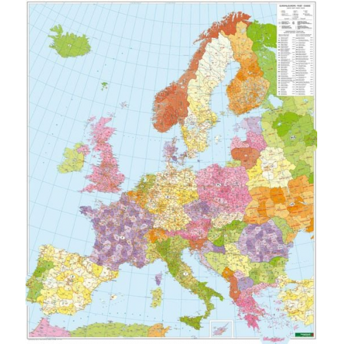 Postleitzahlenkarte Europa 1 : 3 500 000. Poster-Karte mit Metallbestäbung