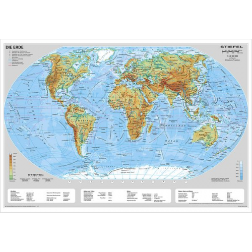 Heinrich Stiefel - Die Erde, physisch 1 : 40 000 000. Wandkarte Kleinformat ohne Metallstäbe