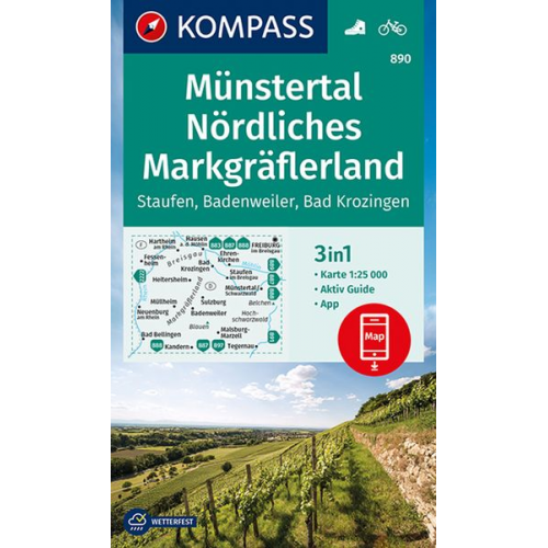 KOMPASS Wanderkarte 890 Münstertal, Nördliches Markgräflerland, Staufen, Badenweiler, Bad Krozingen 1:25.000