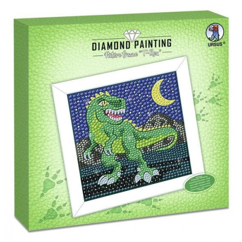 URSUS Kinder-Bastelsets Diamond Painting Picture Frame TRex, Holzrahmen weiß lackiert, 20 x 20 x 3 cm