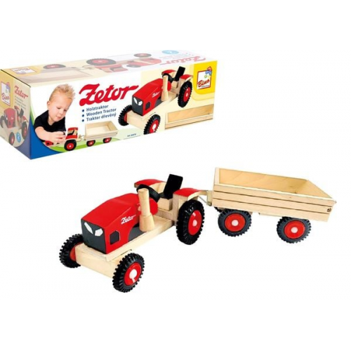 Bino 82078 - Holztraktor Zetor, Traktor mit Anhänger und Gummireifen, 2-teilig